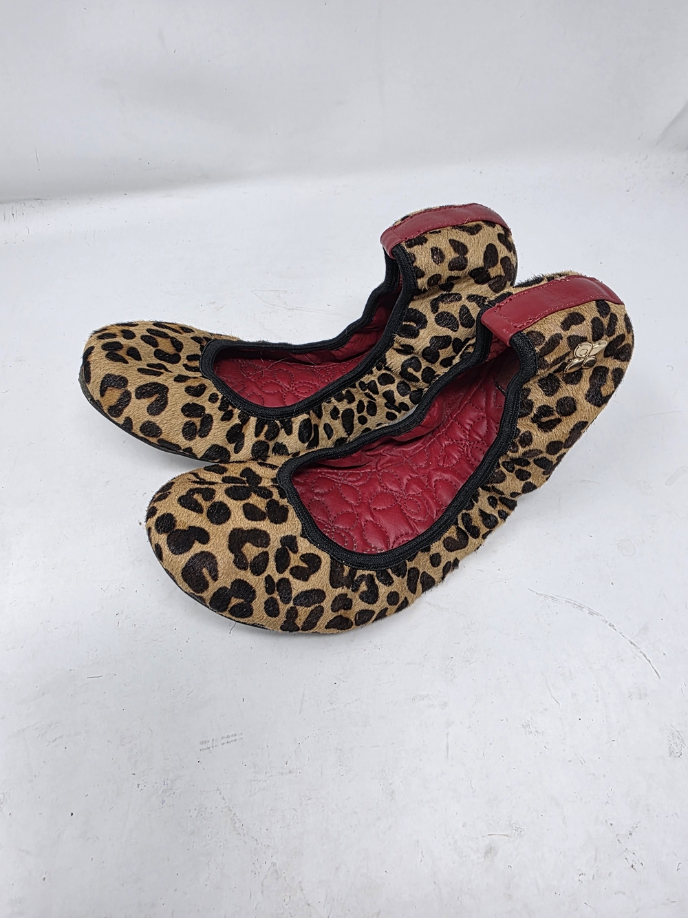 Butterfly Twists Leopard Calf Hair Foldable Ballet Flats Red Trim Womens EU 38